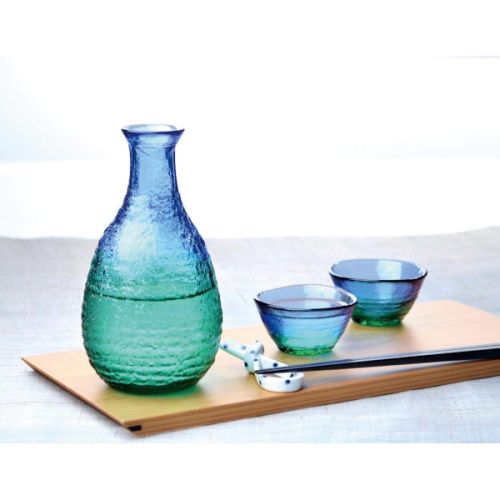 HANDMADE BLUE GLASS SAKE BOTTLE AND CUP SET