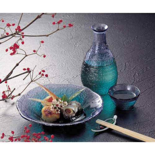 HANDMADE BLUE GLASS SAKE BOTTLE AND CUP SET