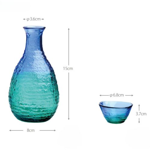 HANDMADE BLUE GLASS SAKE BOTTLE AND CUP SET