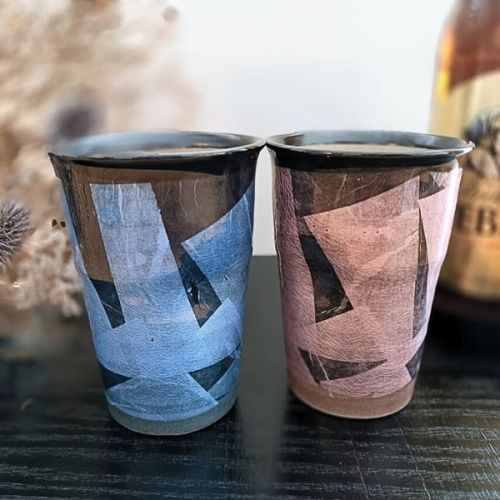KUTANI WARE BEER CUP SILVER BLUE/PINK PAIR SET
