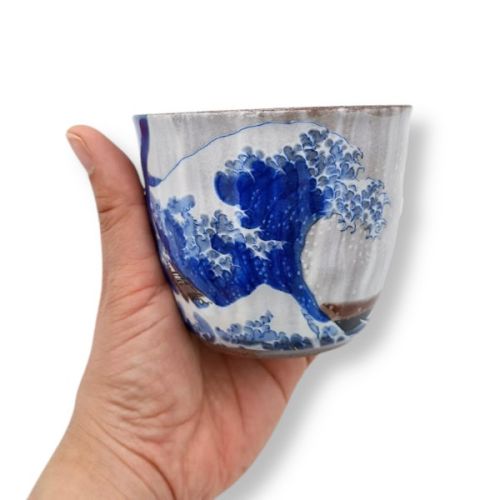 KUTANI WARE FUJI AND BLUE WAVE SHOCHU CUP WITH GIFTBOX