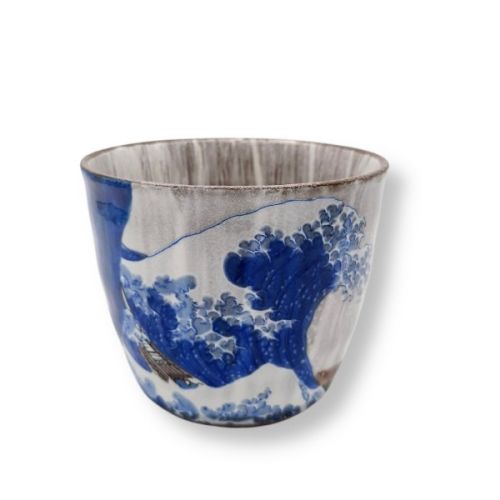 KUTANI WARE FUJI AND BLUE WAVE SHOCHU CUP WITH GIFTBOX