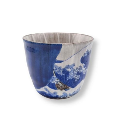 KUTANI WARE FUJI AND BLUE WAVE SHOCHU CUP WITH GIFTBOX