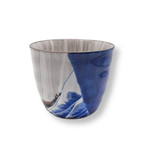 KUTANI WARE FUJI AND BLUE WAVE SHOCHU CUP WITH GIFTBOX