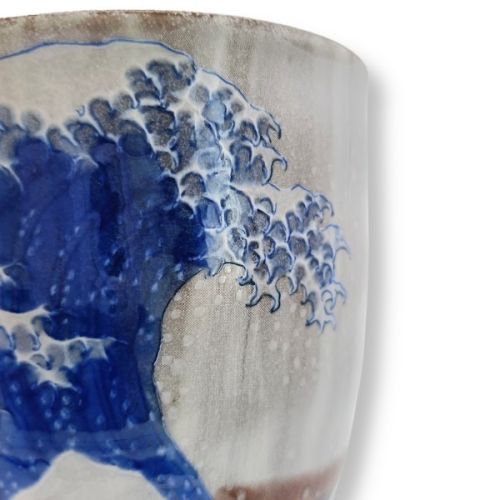 KUTANI WARE FUJI AND BLUE WAVE SHOCHU CUP WITH GIFTBOX