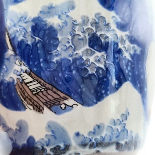 KUTANI WARE FUJI AND BLUE WAVE SHOCHU CUP WITH GIFTBOX