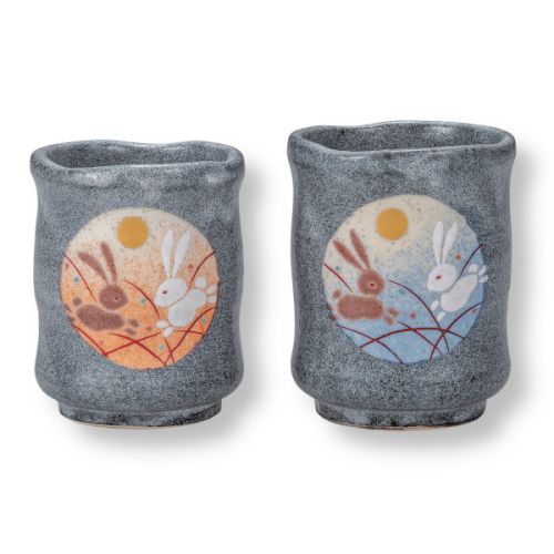 KUTANI WARE MOON RABBIT YUNOMI JAPANESE TEA CUP SET OF 2
