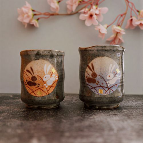 KUTANI WARE MOON RABBIT YUNOMI JAPANESE TEA CUP SET OF 2