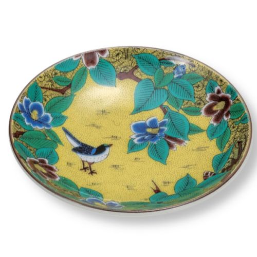 KUTANI WARE YOSHIDAYA CAMELLIA AND BIRD DESIGN SMALL PLATE SET 10.3CM