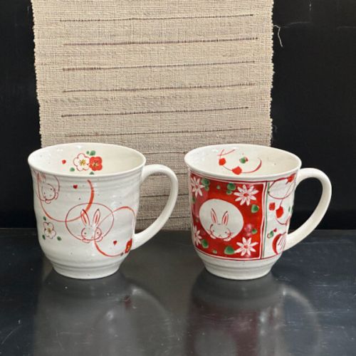 MINO WARE AKAE FLOWER RABBIT MUG SET OF 2