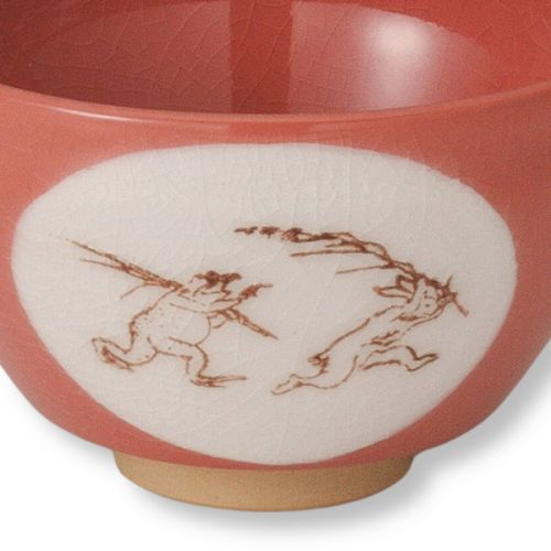 MINO WARE CHOJU-GIGA FROLICKING ANIMALS RED SMALL MATCHA BOWL 