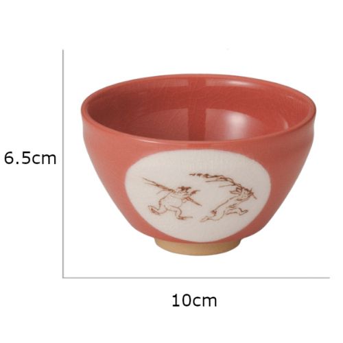MINO WARE CHOJU-GIGA FROLICKING ANIMALS RED SMALL MATCHA BOWL 