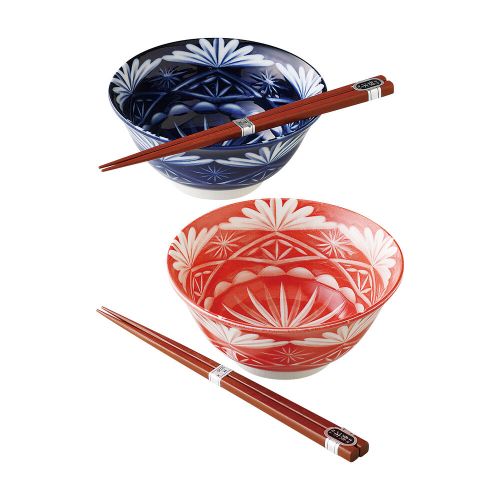 MINO WARE EDO KIRIKO STYLE PORCELAIN BOWL AND CHOPSTICK PAIR SET