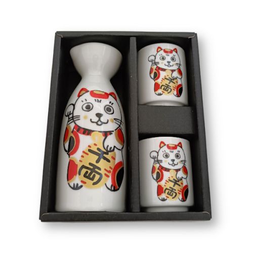 MINO WARE FUKURAKU NEKO CAT GUINOMI TOKKURI SAKE SET