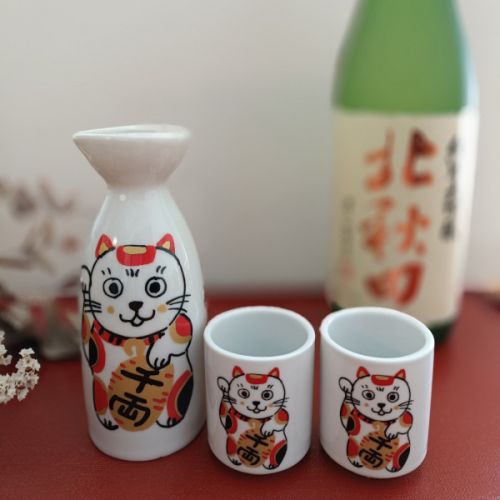 MINO WARE FUKURAKU NEKO CAT GUINOMI TOKKURI SAKE SET