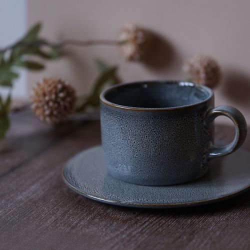 MINO WARE GLAZED GRAY COFFEE CUP AND FLAT PLATE SET MADE IN JAPAN