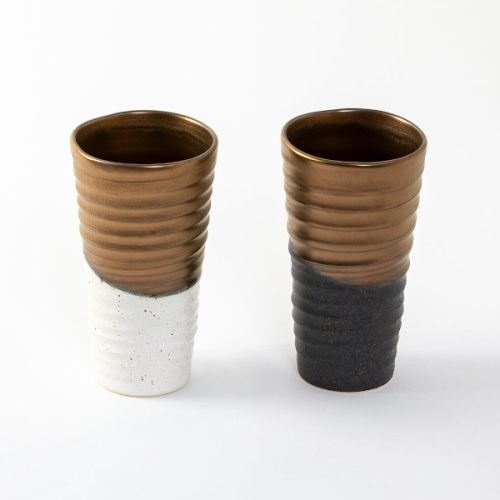 MINO WARE GOLD GLAZED JAPANESE BEER CUP PAIR WITH GIFT BOX