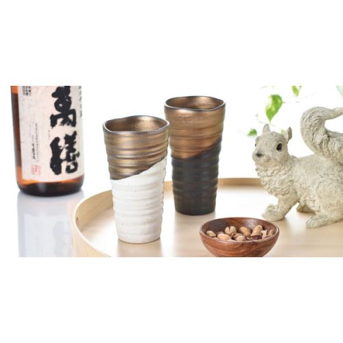 MINO WARE GOLD GLAZED JAPANESE BEER CUP PAIR WITH GIFT BOX