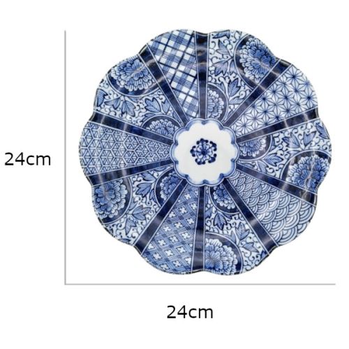 MINO WARE INDIGO BLUE KOMON TRADITIONAL PATTERN FLOWER-SHAPED PLATE