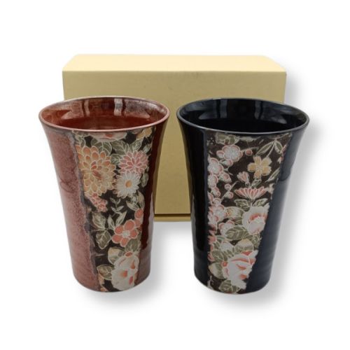 MINO WARE KAGA YUZEN PATTERN JAPANESE PORCELAIN PAIR TUMBLERS