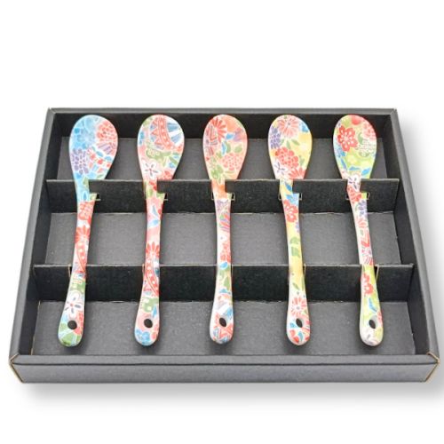 MINO WARE MIYABI YUZEN FLORAL PATTERN PORCELAIN SPOON SET OF 5