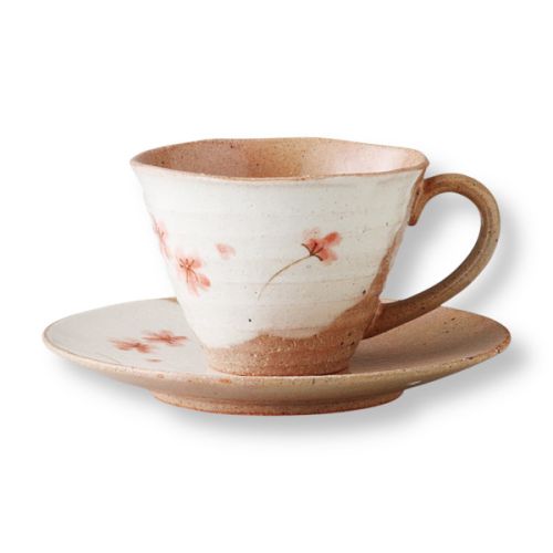 MINO WARE RED FLOWER EARTHENWARE COFFEE CUP AND SAUCER