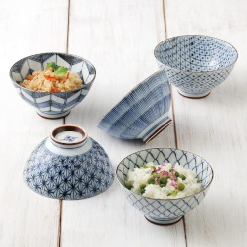 MINO WARE TRADITIONAL PATTERN RICE BOWL SET OF 5
