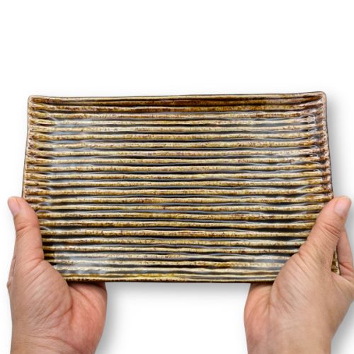 MINOWARE SHINOGI STRIPED CARAMEL BROWN RECTANGULAR PLATE