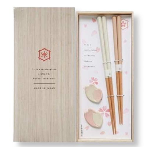 WAKASA LACQUER SAKURA PAIR CHOPSTICKS & MINO WARE RESTS GIFT SET