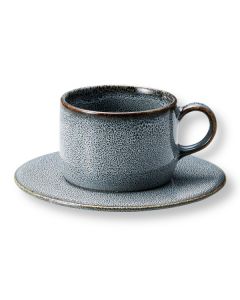 ENSEMBLE TASSE À CAFÉ ET ASSIETTE PLATE EN GRÈS DE MINO, ÉMAILLÉ GRIS, FABRIQUÉ AU JAPON