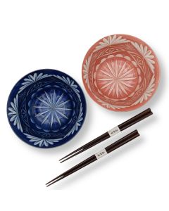 BOL EN PORCELAINE STYLE EDO KIRIKO AVEC PAIRE DE BAGUETTES – MINO WARE