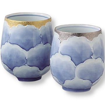 ARITA WARE JAPANESE YUNOMI PLATINUM PEONY TEA CUP SET