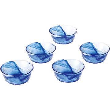 JAPANESE HANDMADE GLASS BLUE SMALL BOWL SET OF 5