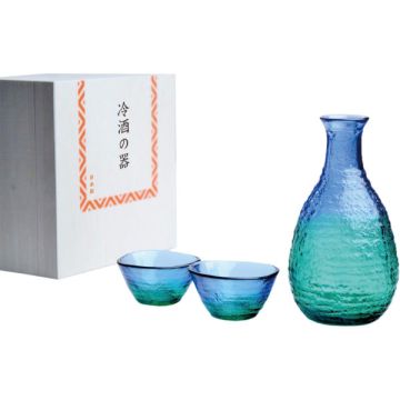 HANDMADE BLUE GLASS SAKE BOTTLE AND CUP SET