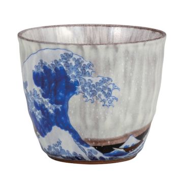 KUTANI WARE FUJI AND BLUE WAVE SHOCHU CUP WITH GIFTBOX