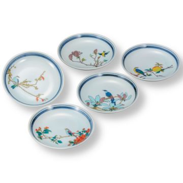 KUTANI WARE FLORAL AND BIRD MOTIF PORCELAIN SMALL PLATE SET OF 5