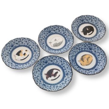 KUTANI WARE NEMURI NEKO SLEEPING CAT PLATE SET OF 5