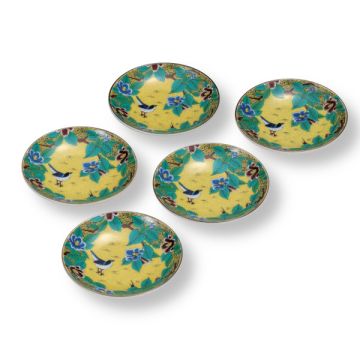 KUTANI WARE YOSHIDAYA CAMELLIA AND BIRD DESIGN SMALL PLATE SET 10.3CM