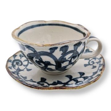 MINO WARE BLUE KARAKUSA ARABESQUE COFFEE CUP AND SAUCER