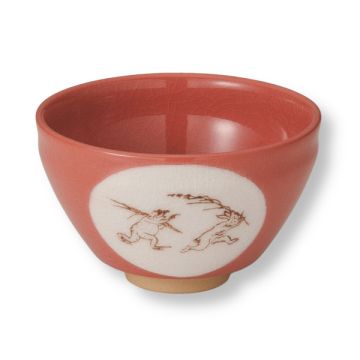 MINO WARE CHOJU-GIGA FROLICKING ANIMALS RED SMALL MATCHA BOWL 