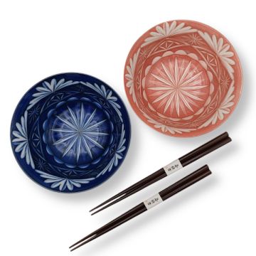 MINO WARE EDO KIRIKO STYLE PORCELAIN BOWL AND CHOPSTICK PAIR SET