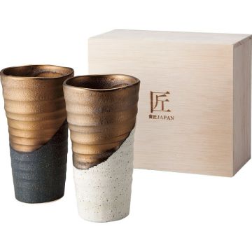MINO WARE GOLD GLAZED JAPANESE BEER CUP PAIR WITH GIFT BOX