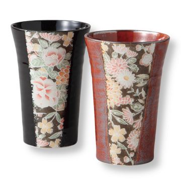 MINO WARE KAGA YUZEN PATTERN JAPANESE PORCELAIN PAIR TUMBLERS