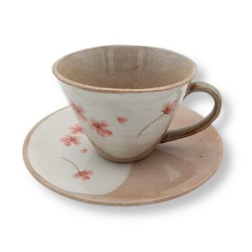 MINO WARE RED FLOWER EARTHENWARE COFFEE CUP AND SAUCER