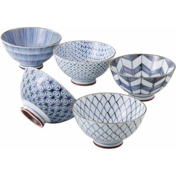 MINO WARE TRADITIONAL PATTERN RICE BOWL SET OF 5