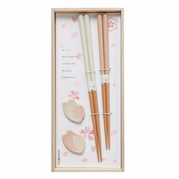 WAKASA LACQUER SAKURA PAIR CHOPSTICKS & MINO WARE RESTS GIFT SET